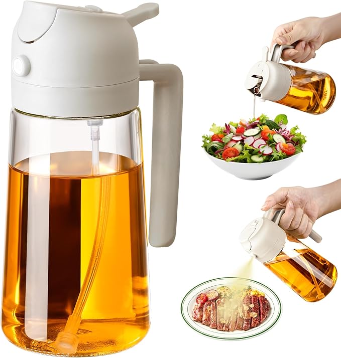 Pulvérisateur d’Huile en Verre 470 ml (16 oz) – Distributeur d’Huile 2 en 1 pour la Cuisine et Accessoire pour Friteuse à Air, Salades, Barbecue