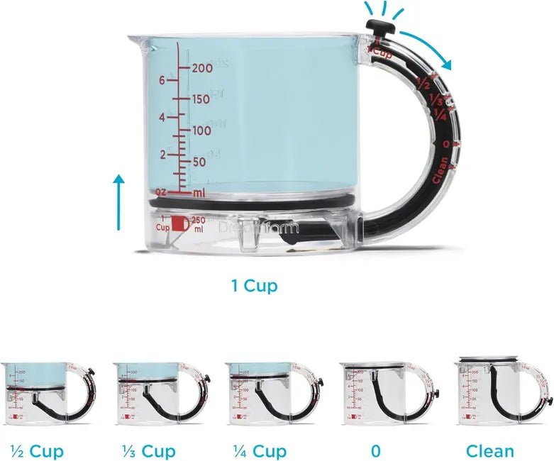 Tasse à mesurer MaCuisine® réglable tout-en-un, graduations métriques et impériales jusqu’à 1 tasse – Noir/Transparent