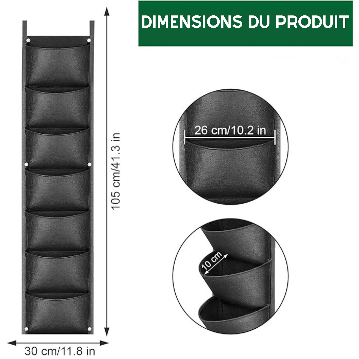 Sac à Plantes Mural à 7 Poches – Jardin Vertical Extérieur, Sac de Plantation Murale pour Balcon, Cour et Terrasse