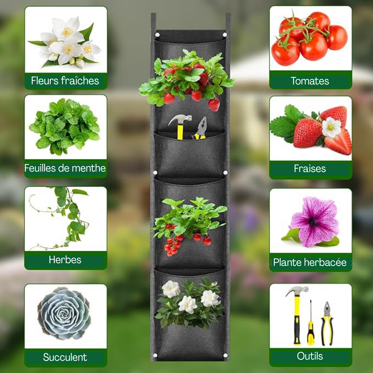 Sac à Plantes Mural à 7 Poches – Jardin Vertical Extérieur, Sac de Plantation Murale pour Balcon, Cour et Terrasse