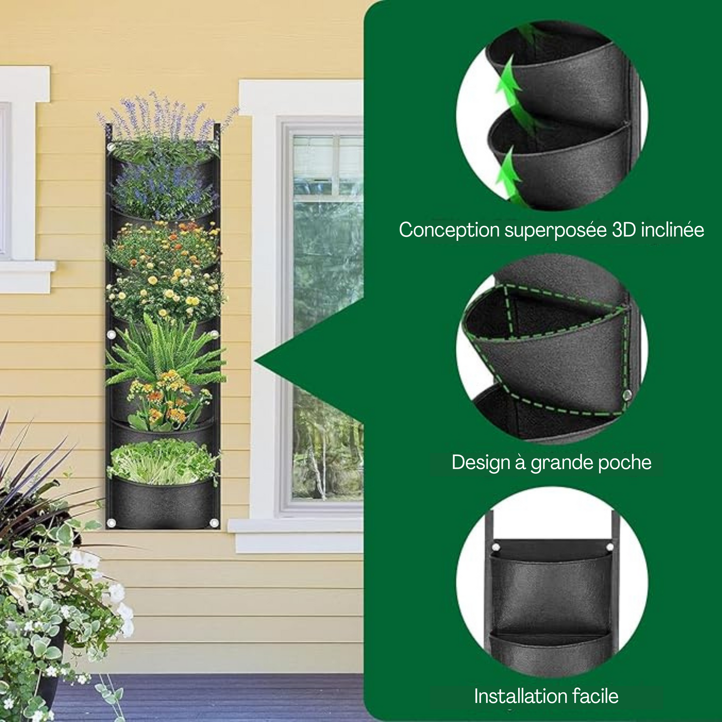 Sac à Plantes Mural à 7 Poches – Jardin Vertical Extérieur, Sac de Plantation Murale pour Balcon, Cour et Terrasse