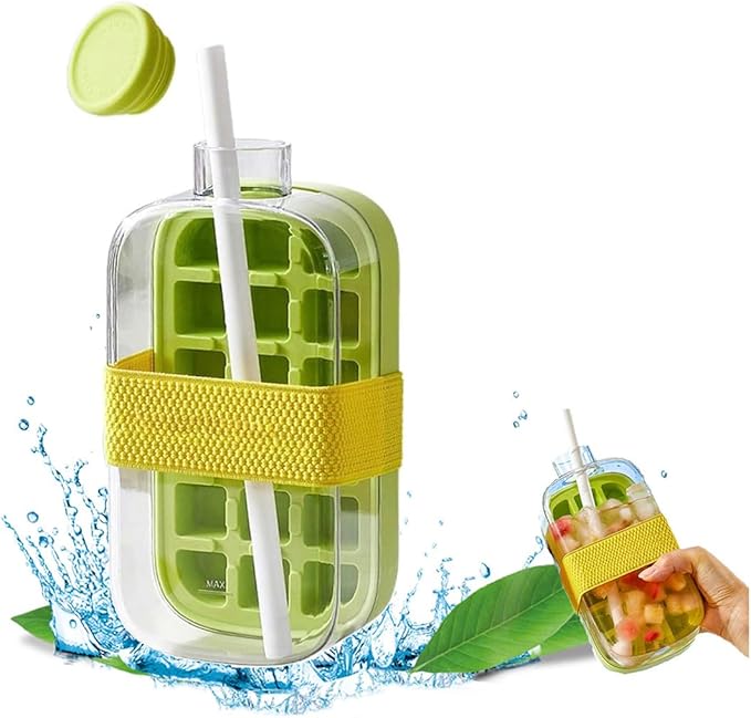 Bouteille à Glaçons 2-en-1 – Bouteille d’Eau avec Paille, Bac à Glaçons à Pression Facile et Couvercle Antifuite pour Maison, Sport et Voyage