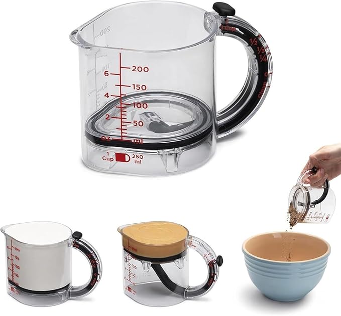 Tasse à mesurer réglable tout-en-un, graduations métriques et impériales jusqu’à 1 tasse – Noir/Transparent