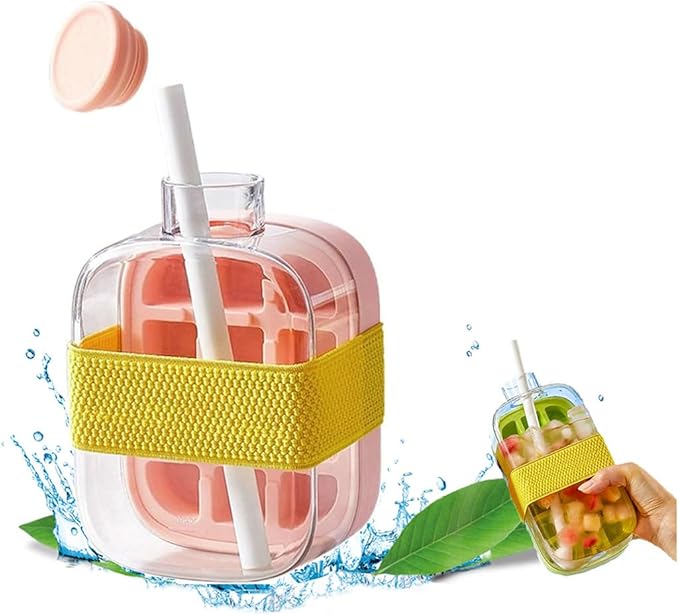Bouteille à Glaçons 2-en-1 – Bouteille d’Eau avec Paille, Bac à Glaçons à Pression Facile et Couvercle Antifuite pour Maison, Sport et Voyage