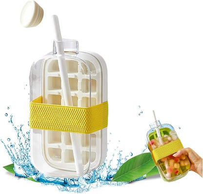 Bouteille à Glaçons 2-en-1 – Bouteille d’Eau avec Paille, Bac à Glaçons à Pression Facile et Couvercle Antifuite pour Maison, Sport et Voyage