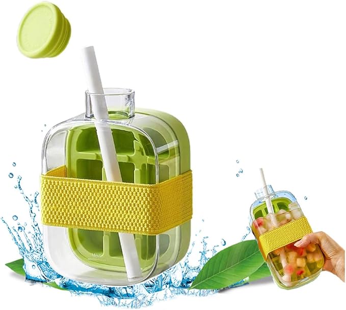 Bouteille à Glaçons 2-en-1 – Bouteille d’Eau avec Paille, Bac à Glaçons à Pression Facile et Couvercle Antifuite pour Maison, Sport et Voyage
