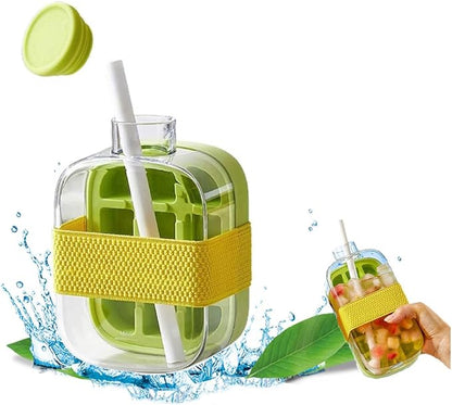 Bouteille à Glaçons 2-en-1 – Bouteille d’Eau avec Paille, Bac à Glaçons à Pression Facile et Couvercle Antifuite pour Maison, Sport et Voyage