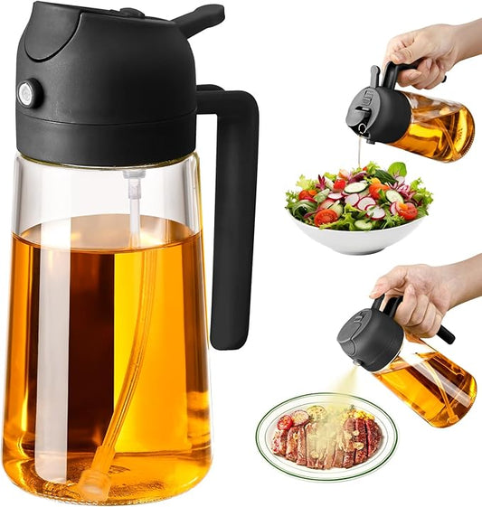 Pulvérisateur d’Huile en Verre 470 ml (16 oz) – Distributeur d’Huile 2 en 1 pour la Cuisine et Accessoire pour Friteuse à Air, Salades, Barbecue