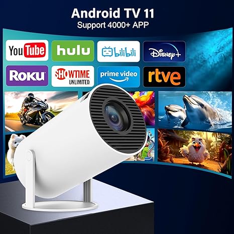 Mini projecteur Wi-Fi 6 et Bluetooth 5.2, projecteur portable intelligent avec applications intégrées, support 4K et 1080P Full HD, rotation 180°, correction trapézoïdale automatique, Android 11, compatible HDMI/USB/téléphone/PC