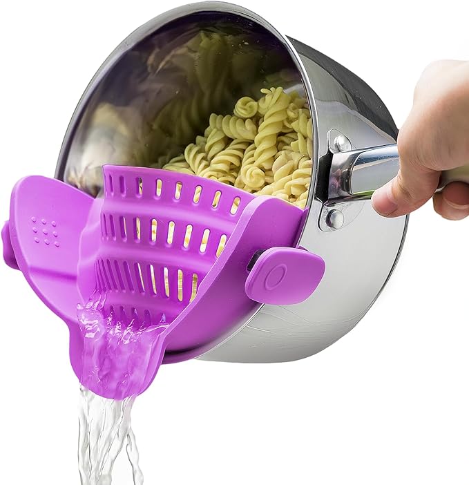 Passoire en silicone à clipser pour casseroles et poêles – Égouttoir résistant à la chaleur pour pâtes et légumes – Accessoire de cuisine pratique – Design gain de place – Gris