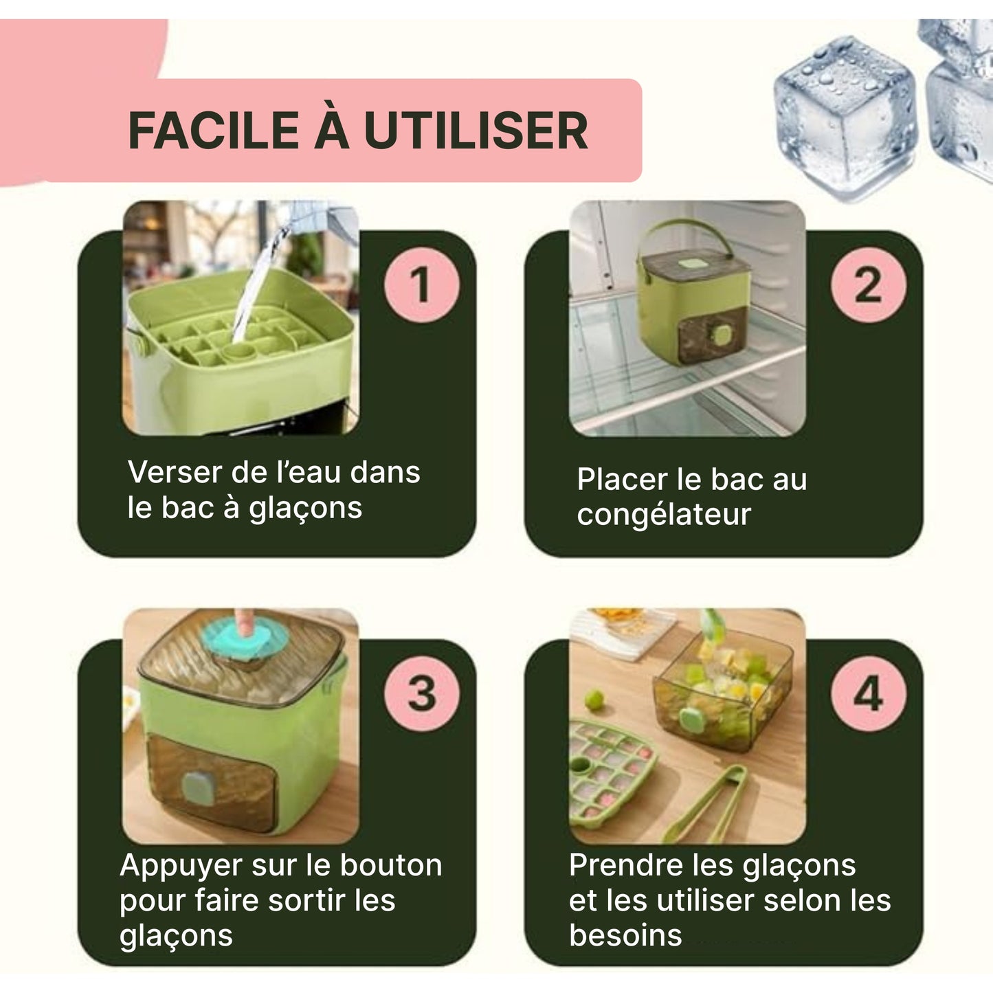 Bacs à glaçons pour congélateur – Bacs à glaçons avec couvercle pour boissons, smoothies, jus – Bacs à glaçons faciles à démouler avec couvercles pour congélateur