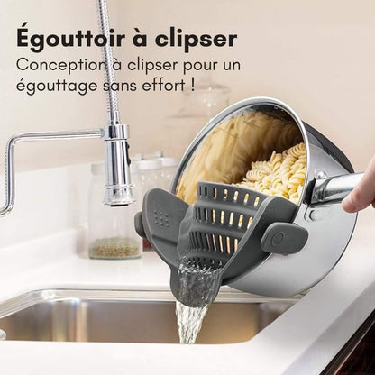 Passoire en silicone à clipser pour casseroles et poêles – Égouttoir résistant à la chaleur pour pâtes et légumes – Accessoire de cuisine pratique – Design gain de place – Gris