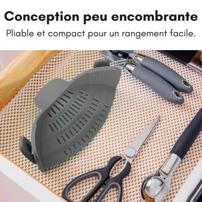 Passoire en silicone à clipser pour casseroles et poêles – Égouttoir résistant à la chaleur pour pâtes et légumes – Accessoire de cuisine pratique – Design gain de place – Gris