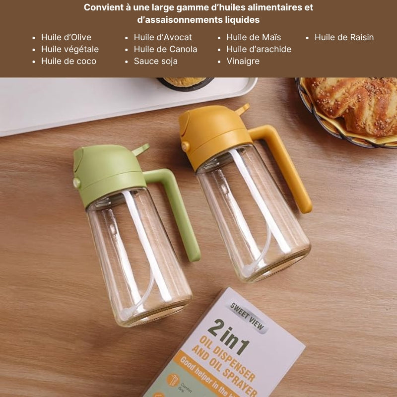 Pulvérisateur d’Huile en Verre 470 ml (16 oz) – Distributeur d’Huile 2 en 1 pour la Cuisine et Accessoire pour Friteuse à Air, Salades, Barbecue