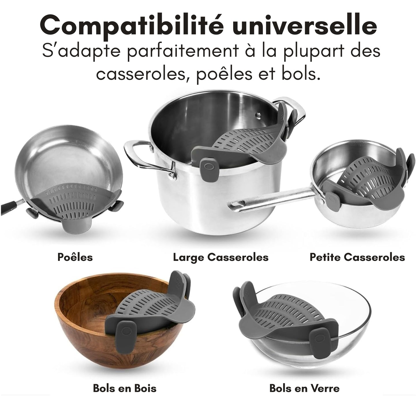 Passoire en silicone à clipser pour casseroles et poêles – Égouttoir résistant à la chaleur pour pâtes et légumes – Accessoire de cuisine pratique – Design gain de place – Gris