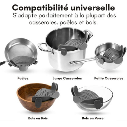 Passoire en silicone à clipser pour casseroles et poêles – Égouttoir résistant à la chaleur pour pâtes et légumes – Accessoire de cuisine pratique – Design gain de place – Gris