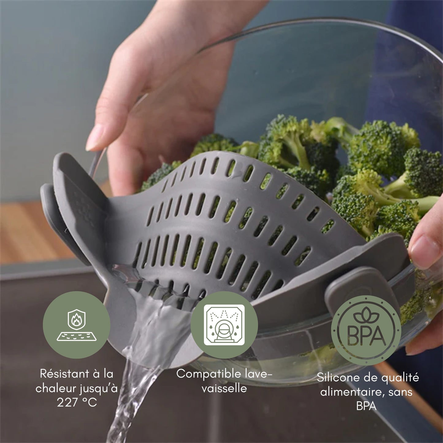 Passoire en silicone à clipser pour casseroles et poêles – Égouttoir résistant à la chaleur pour pâtes et légumes – Accessoire de cuisine pratique – Design gain de place – Gris