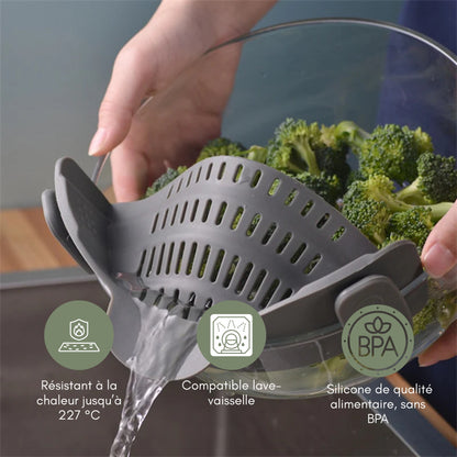 Passoire en silicone à clipser pour casseroles et poêles – Égouttoir résistant à la chaleur pour pâtes et légumes – Accessoire de cuisine pratique – Design gain de place – Gris