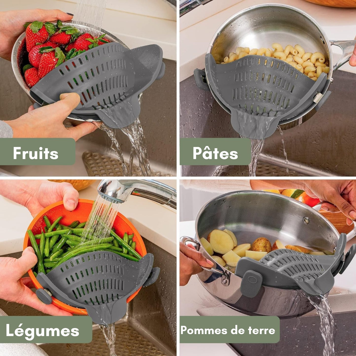 Passoire en silicone à clipser pour casseroles et poêles – Égouttoir résistant à la chaleur pour pâtes et légumes – Accessoire de cuisine pratique – Design gain de place – Gris