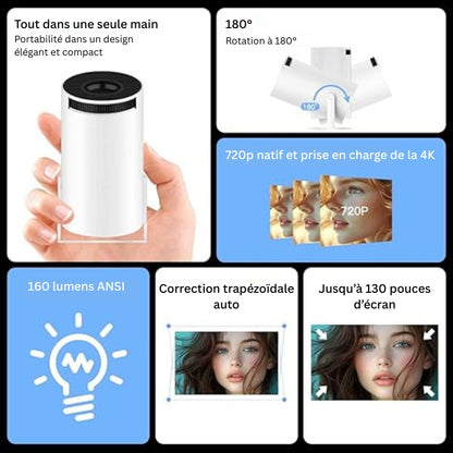 Mini projecteur Wi-Fi 6 et Bluetooth 5.2, projecteur portable intelligent avec applications intégrées, support 4K et 1080P Full HD, rotation 180°, correction trapézoïdale automatique, Android 11, compatible HDMI/USB/téléphone/PC