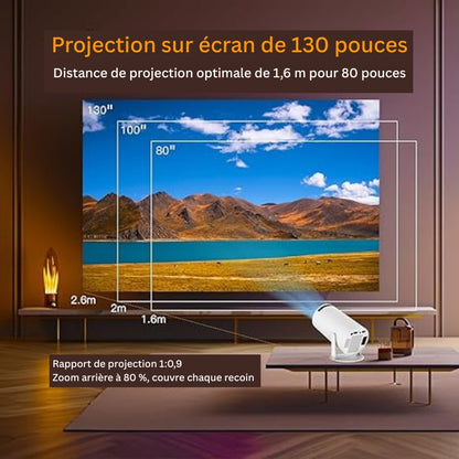 Mini projecteur Wi-Fi 6 et Bluetooth 5.2, projecteur portable intelligent avec applications intégrées, support 4K et 1080P Full HD, rotation 180°, correction trapézoïdale automatique, Android 11, compatible HDMI/USB/téléphone/PC