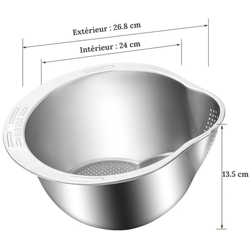 Bol lave-riz avec passoire – Bol de lavage 4-en-1 pour le quinoa, rince-riz en acier inoxydable avec égouttoirs latéraux, petite passoire pour nettoyer fruits, légumes et légumineuses – Ustensile de cuisine polyvalent