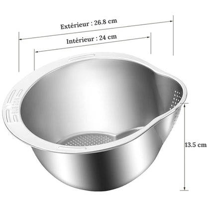 Bol lave-riz avec passoire – Bol de lavage 4-en-1 pour le quinoa, rince-riz en acier inoxydable avec égouttoirs latéraux, petite passoire pour nettoyer fruits, légumes et légumineuses – Ustensile de cuisine polyvalent