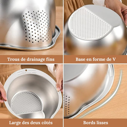 Bol lave-riz avec passoire – Bol de lavage 4-en-1 pour le quinoa, rince-riz en acier inoxydable avec égouttoirs latéraux, petite passoire pour nettoyer fruits, légumes et légumineuses – Ustensile de cuisine polyvalent