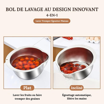 Bol lave-riz avec passoire – Bol de lavage 4-en-1 pour le quinoa, rince-riz en acier inoxydable avec égouttoirs latéraux, petite passoire pour nettoyer fruits, légumes et légumineuses – Ustensile de cuisine polyvalent