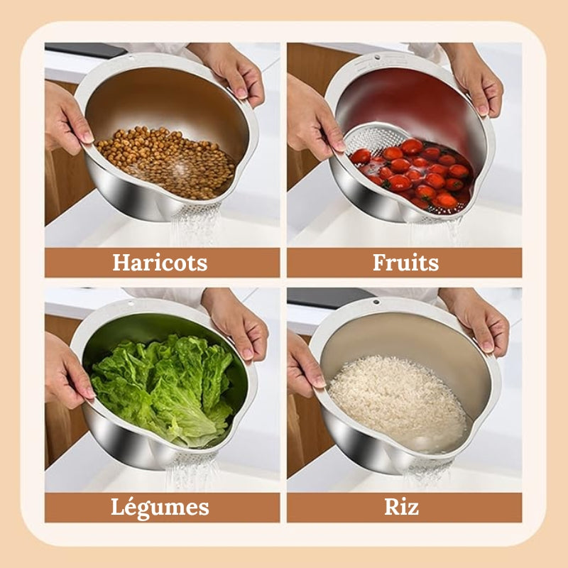 Bol lave-riz avec passoire – Bol de lavage 4-en-1 pour le quinoa, rince-riz en acier inoxydable avec égouttoirs latéraux, petite passoire pour nettoyer fruits, légumes et légumineuses – Ustensile de cuisine polyvalent