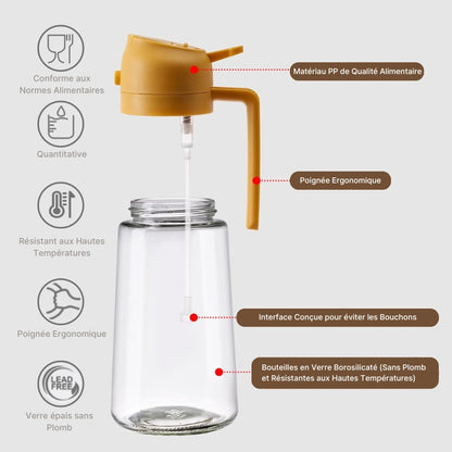 Pulvérisateur d’Huile en Verre 470 ml (16 oz) – Distributeur d’Huile 2 en 1 pour la Cuisine et Accessoire pour Friteuse à Air, Salades, Barbecue