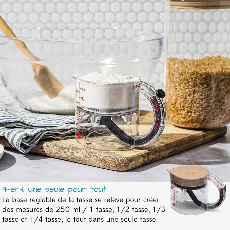 Tasse à mesurer réglable tout-en-un, graduations métriques et impériales jusqu’à 1 tasse – Noir/Transparent