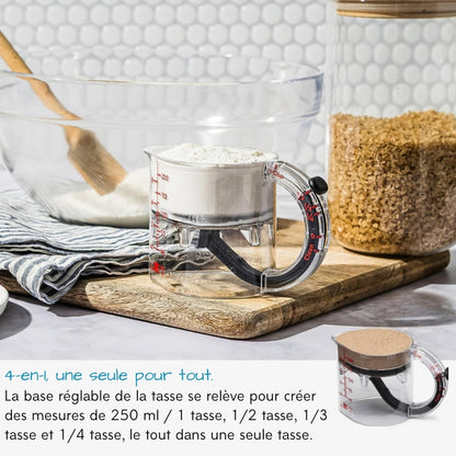 Tasse à mesurer réglable tout-en-un, graduations métriques et impériales jusqu’à 1 tasse – Noir/Transparent