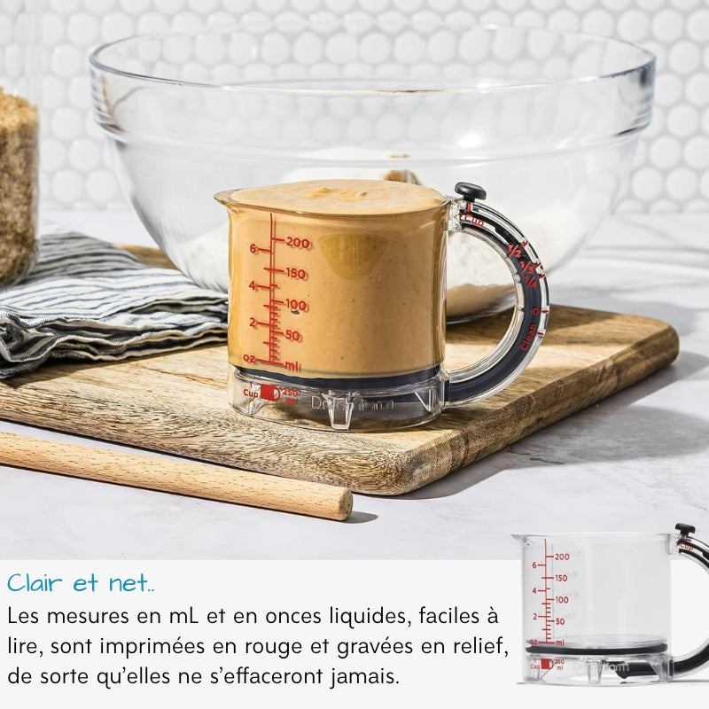 Tasse à mesurer réglable tout-en-un, graduations métriques et impériales jusqu’à 1 tasse – Noir/Transparent