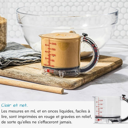 Tasse à mesurer réglable tout-en-un, graduations métriques et impériales jusqu’à 1 tasse – Noir/Transparent