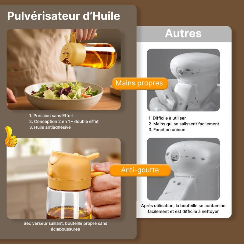 Pulvérisateur d’Huile en Verre 470 ml (16 oz) – Distributeur d’Huile 2 en 1 pour la Cuisine et Accessoire pour Friteuse à Air, Salades, Barbecue